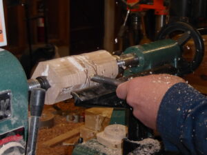 A lathe in operation